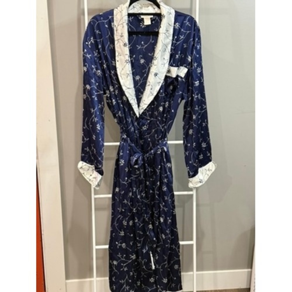 Inner Most Vintage Navy Floral Satin Robe Shawl Collar M Hollywood Regency MCM